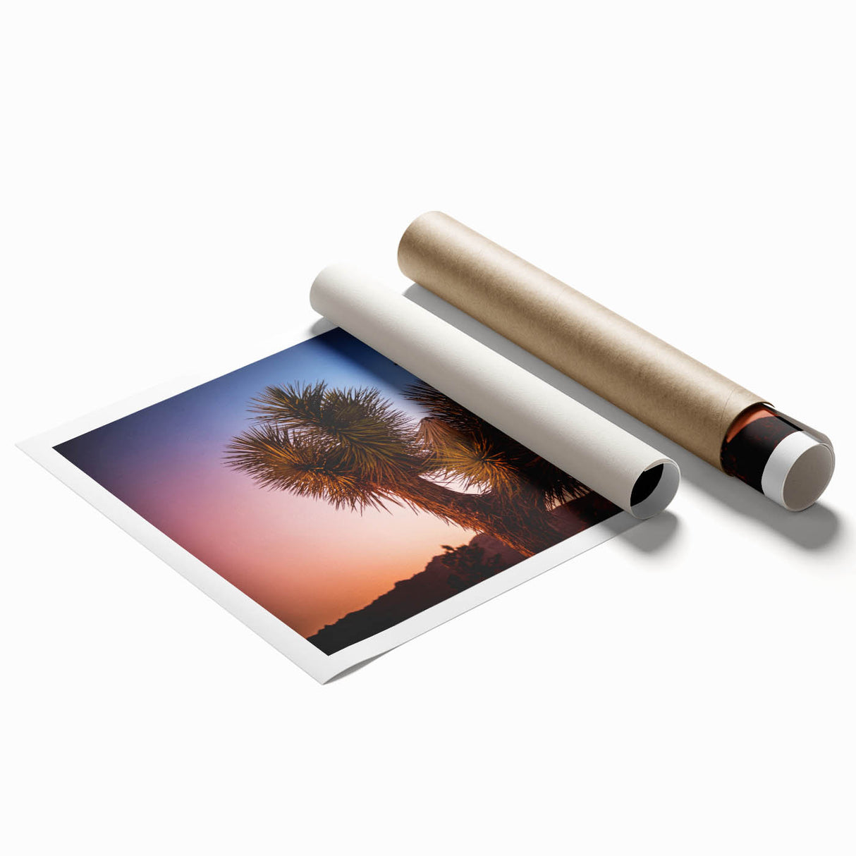 Joshua Tree landscape on large rolled canvas, featuring earthy tones, ideal for classy bathroom wall art.
