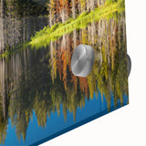 Large abstract depiction of Lake Tahoe in muted blue and green shades on acrylic glass, suitable for dining room art.