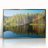 Large art print of Lake Tahoe with serene blue and green colors, framed in gold acrylic, suitable for modern nursery decor.