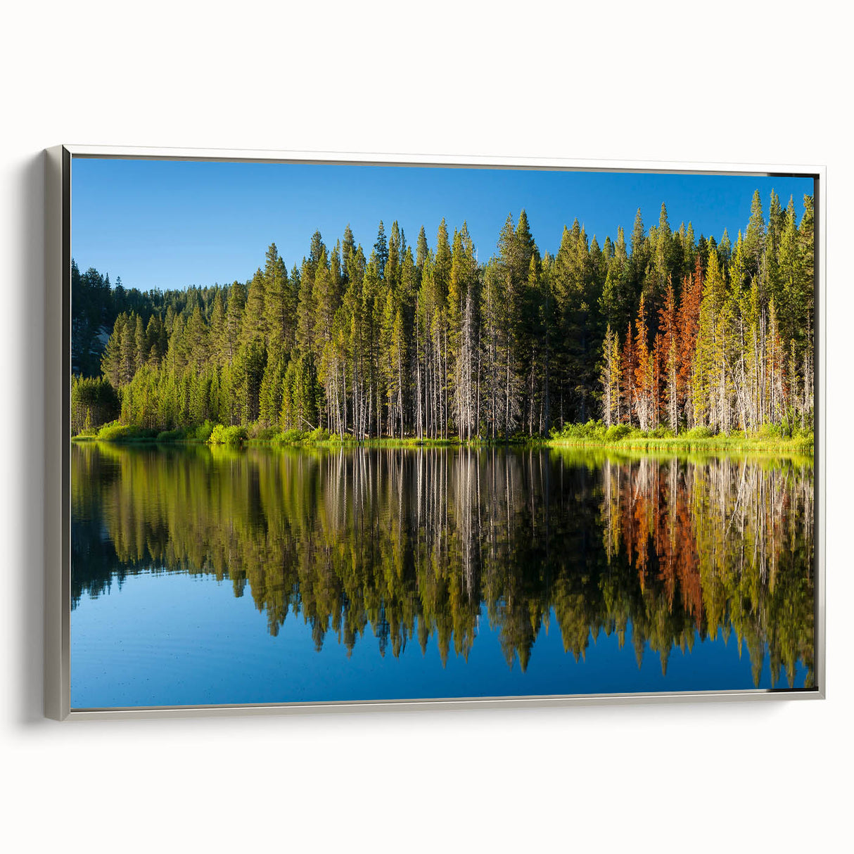 Landscape art painting of Lake Tahoe on a framed canvas, featuring a vintage poster style with colorful art and black edges.
