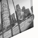 Large abstract depiction of Los Angeles skyline in muted tones on acrylic glass, suitable for dining room art.