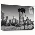 Acrylic print of Los Angeles skyline in muted gray and blue tones, suitable for bedroom or dining room decor.