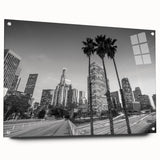 Acrylic print of Los Angeles skyline in muted gray and blue tones, suitable for bedroom or dining room decor.