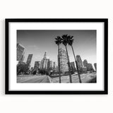 Abstract art print of Los Angeles with vibrant, colorful textures on a large framed canvas, suitable for living room decor.