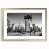 Textured art of Los Angeles skyline in muted gray tones on a framed silver mat, suitable for bedroom decor.
