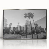Mid-century modernist art depicting the Los Angeles skyline in muted gray and silver tones on framed acrylic.