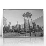 Art deco poster of Los Angeles skyline in muted gray tones on a framed acrylic, ideal for modern art wall decor.