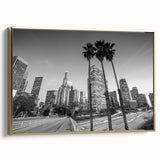 Framed canvas featuring a vintage-style Los Angeles landscape in black and gold tones, ideal for bedroom wall art.