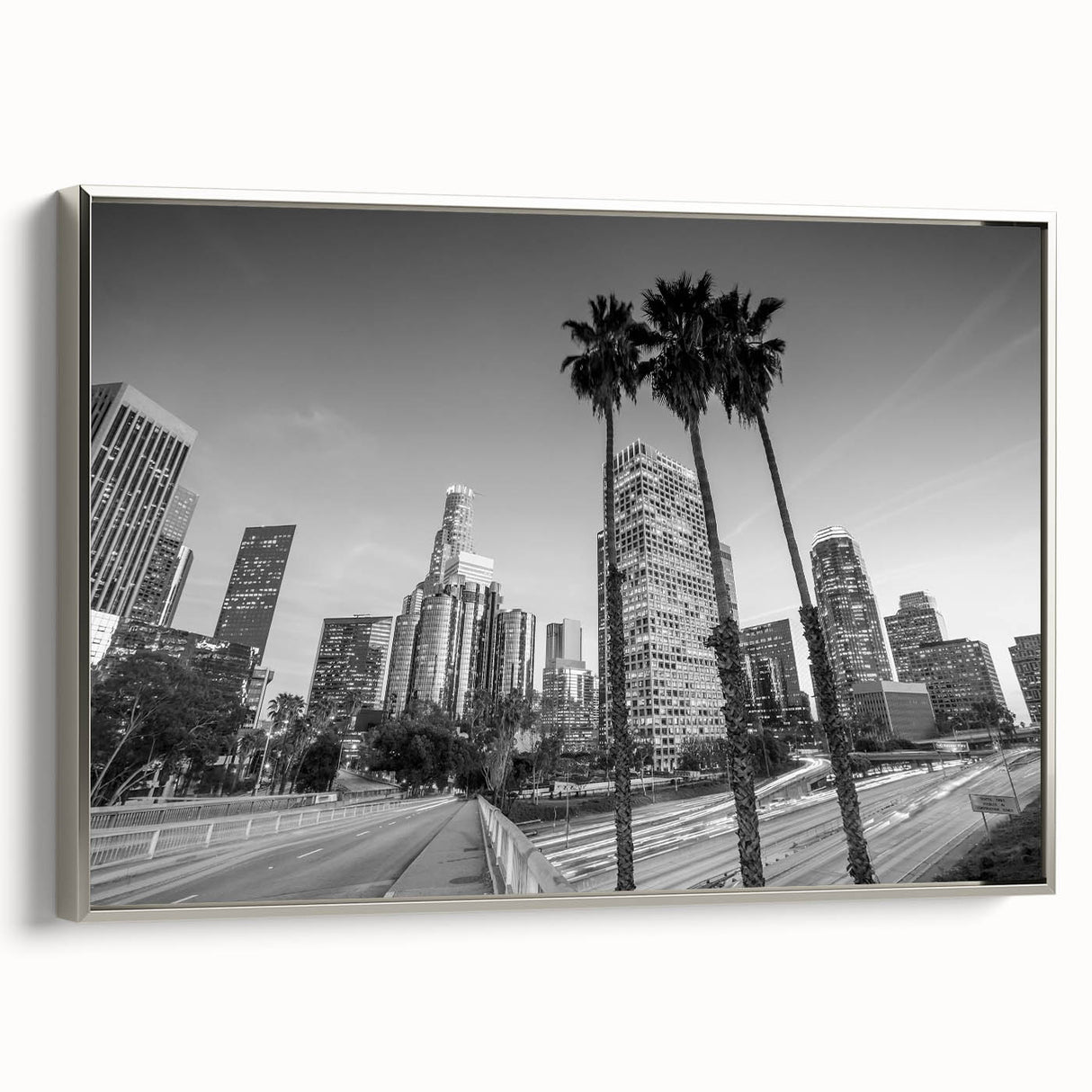 Landscape art painting of Los Angeles with colorful skyscrapers on framed canvas, ideal for living room decor.