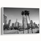 Vintage poster art of Los Angeles skyline in vibrant colors on extra large framed canvas, ideal for living room decor.