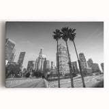 Black and white photograph of Los Angeles skyline on stretched canvas, ideal for kitchen wall art.