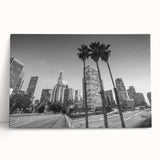 Black and white stretched canvas of Los Angeles skyline, ideal for kitchen wall art or bedroom ambiance.