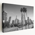Los Angeles cityscape in muted gray and blue tones on a large stretched canvas, ideal for kitchen wall art.