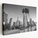 Los Angeles cityscape in muted gray and blue tones on a large stretched canvas, ideal for kitchen wall art.