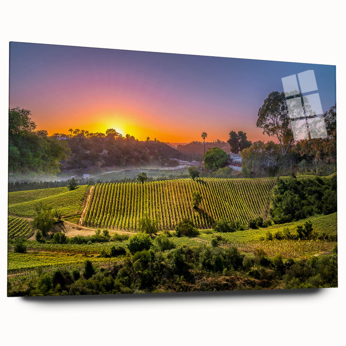 Acrylic print of a large abstract depiction of Napa Valley in earthy tones, suitable for bedroom or dining room decor.