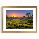 Extra large abstract art print of California's Napa Valley in muted earth tones on a textured canvas, framed in gold.