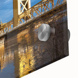 Large abstract wall art of Sacramento skyline in muted hues on acrylic glass, ideal for dining room ambiance.