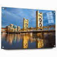 Acrylic print of a large abstract depiction of the Sacramento skyline in muted earth tones.