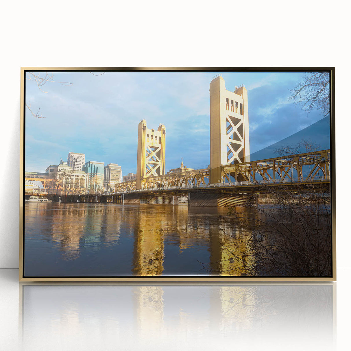 Framed acrylic print of Sacramento scenery in mid-century modernist style with gold tones.