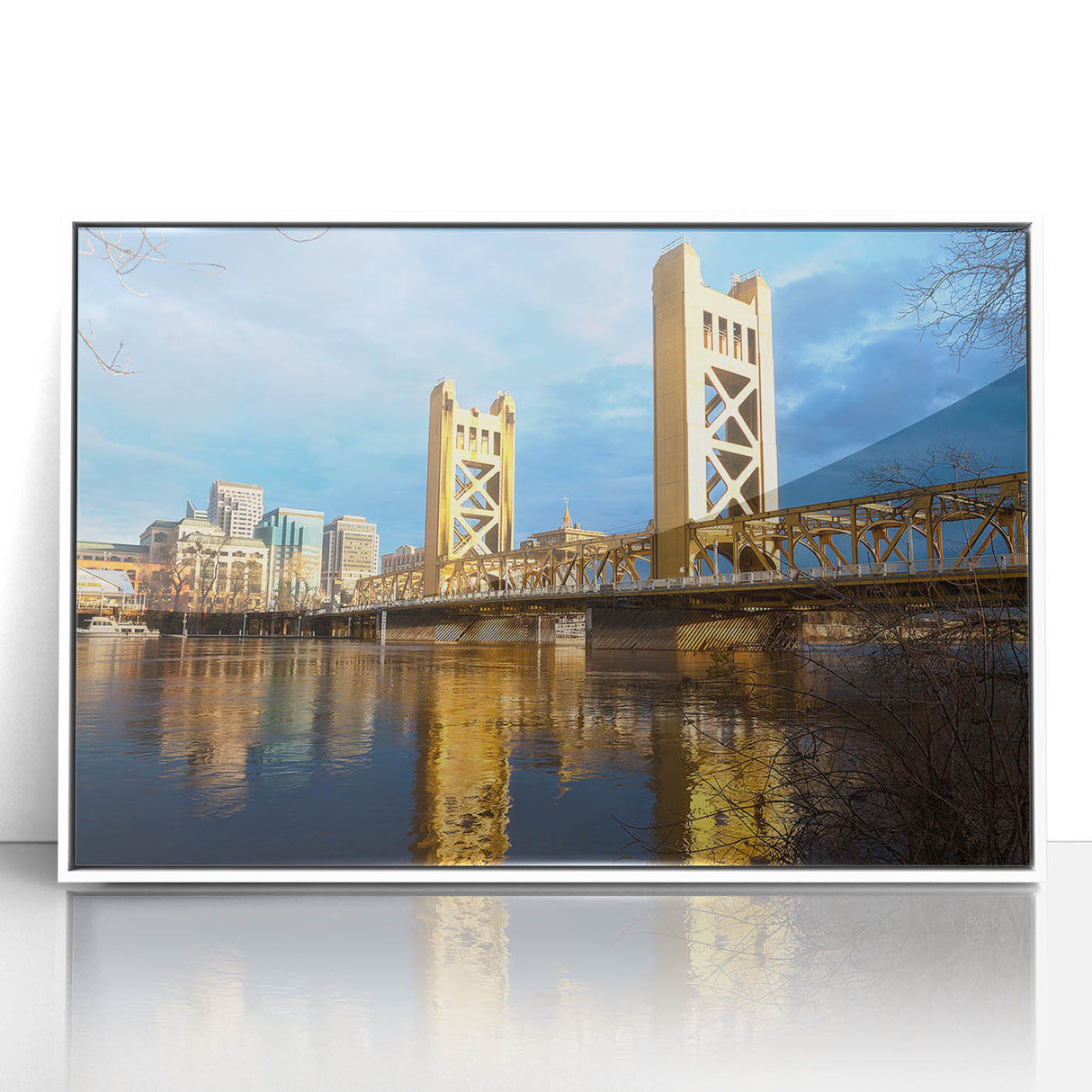 Art Deco-style poster of Sacramento skyline in muted gray and blue tones, acrylic framed, ideal for modern art wall decor.