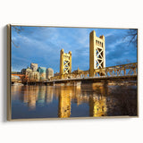 Framed canvas depicting a vintage-style Sacramento landscape in muted gold and black tones, ideal for bedroom decor.