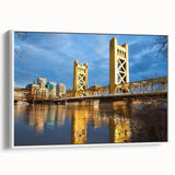 Vintage poster art of Sacramento scenery on a framed canvas, featuring vibrant colors, ideal for living room decor.