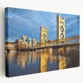 Large art depicting the Sacramento skyline in muted earth tones on stretched canvas, suitable for kitchen wall art.