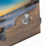 Large abstract depiction of San Diego skyline in muted blue and orange tones on acrylic glass.