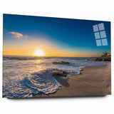 Large abstract wall art of San Diego scenery in muted blue and green hues on acrylic glass.