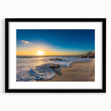 Abstract art print of a colorful San Diego scenery in vibrant hues on a large framed canvas, ideal for living room decor.