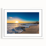 Abstract art print of San Diego skyline in muted blue and gray tones on a framed white mat, ideal for dining room decor.