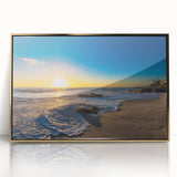 Mid-century modernist style large art print of San Diego scenery in a gold framed acrylic, featuring muted earth tones.