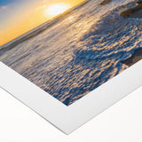 Art deco poster of San Diego skyline in muted blue tones on rolled canvas, suitable for dining room wall art.