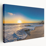 San Diego cityscape on large stretched canvas with vivid blue and orange sunset hues, suitable for kitchen wall art.