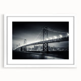 Abstract art print of San Francisco skyline in muted blue tones on a framed white mat, ideal for dining room decor.