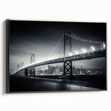 Black and white framed canvas of San Francisco landscape, vintage poster style, ideal for bedroom decor.