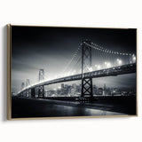 Framed canvas depicting a vintage-style San Francisco landscape in black and gold tones, ideal for bedroom wall decor.
