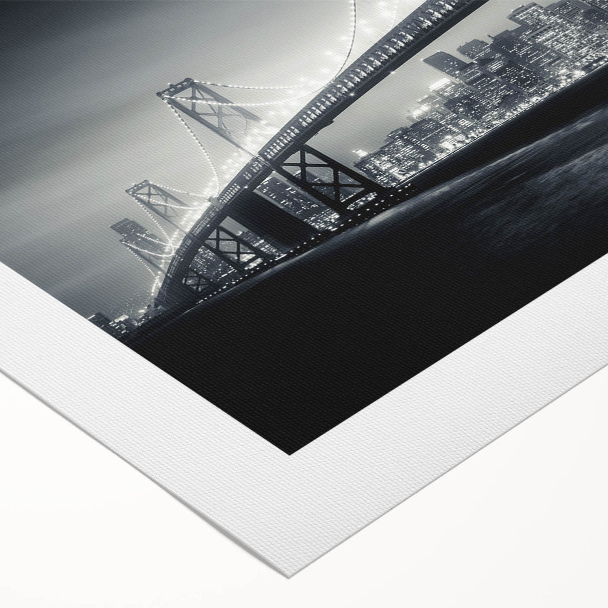 Art deco poster of San Francisco skyline in monochrome on rolled canvas, suited for dining room decor.