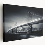 Panoramic view of San Francisco's skyline in muted gray and blue tones on a large stretched canvas.