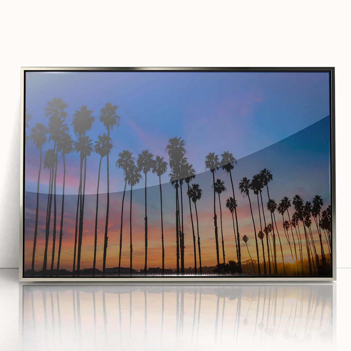 Mid-century modernist art of Santa Barbara landscape in muted greens and blues on a framed acrylic print.
