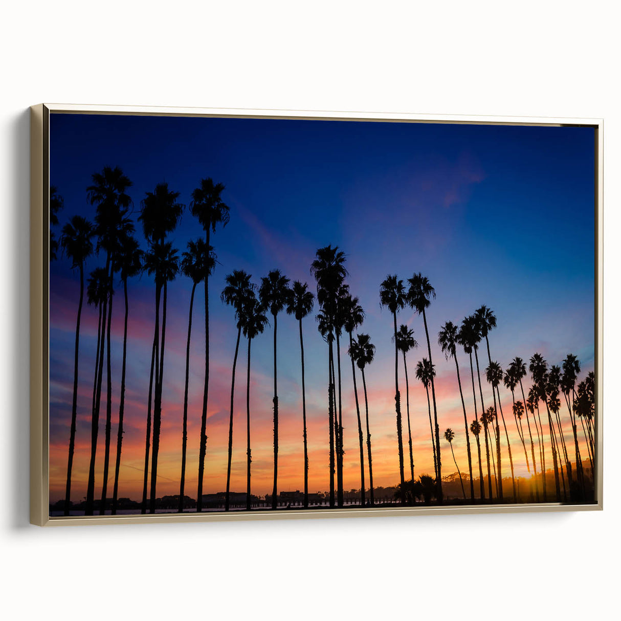 Framed canvas depicting a vintage-style Santa Barbara landscape in muted gold and black tones, ideal for bedroom wall art.