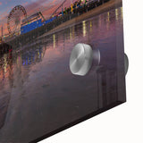 Large abstract wall art depicting Santa Monica scenery in mid-century modernist style on acrylic glass.