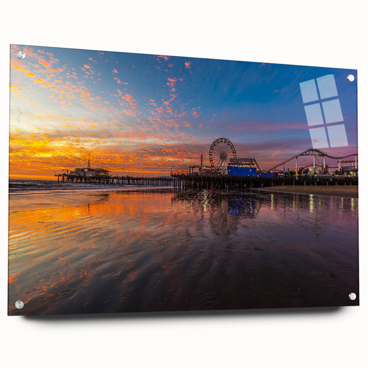 Acrylic print of Santa Monica scenery in muted blue and gray tones, suitable for bedroom or dining room decor.