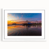 Abstract art print of Santa Monica landscape in muted blue and green tones on a framed white mat.