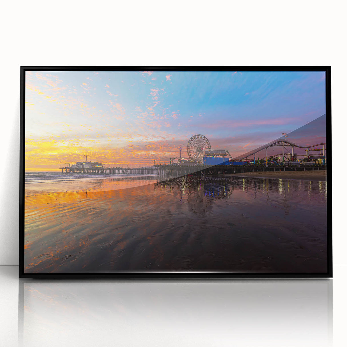Large abstract wall art depicting Santa Monica scenery in muted gray tones on a framed acrylic.
