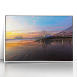 Art deco poster of Santa Monica with muted pastel colors on white framed acrylic, suitable for modern nursery decor.