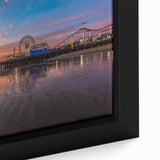 Extra large black wall art depicting Santa Monica with colorful, textured detailing on a framed canvas.