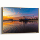 Framed canvas depicting a vintage Santa Monica landscape in black and gold tones, ideal for bedroom wall art.