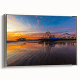 Framed canvas landscape art painting featuring the Santa Monica pier in muted colors, ideal for living room decor.