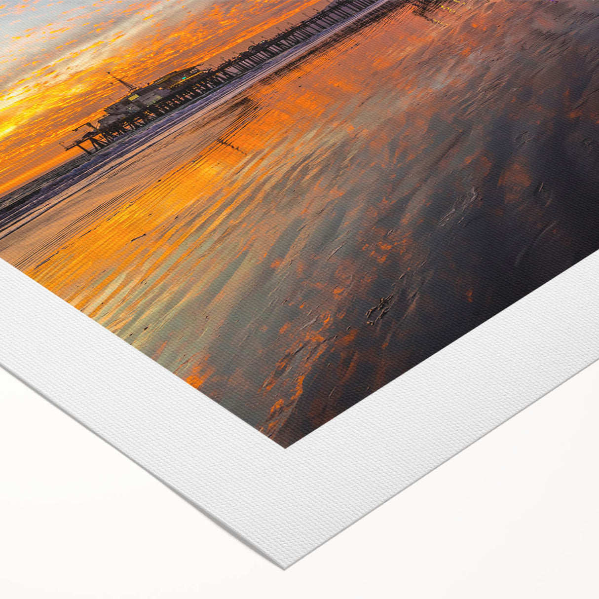 Art deco poster of Santa Monica skyline in muted blue and beige tones on rolled canvas, suitable for dining room wall art.